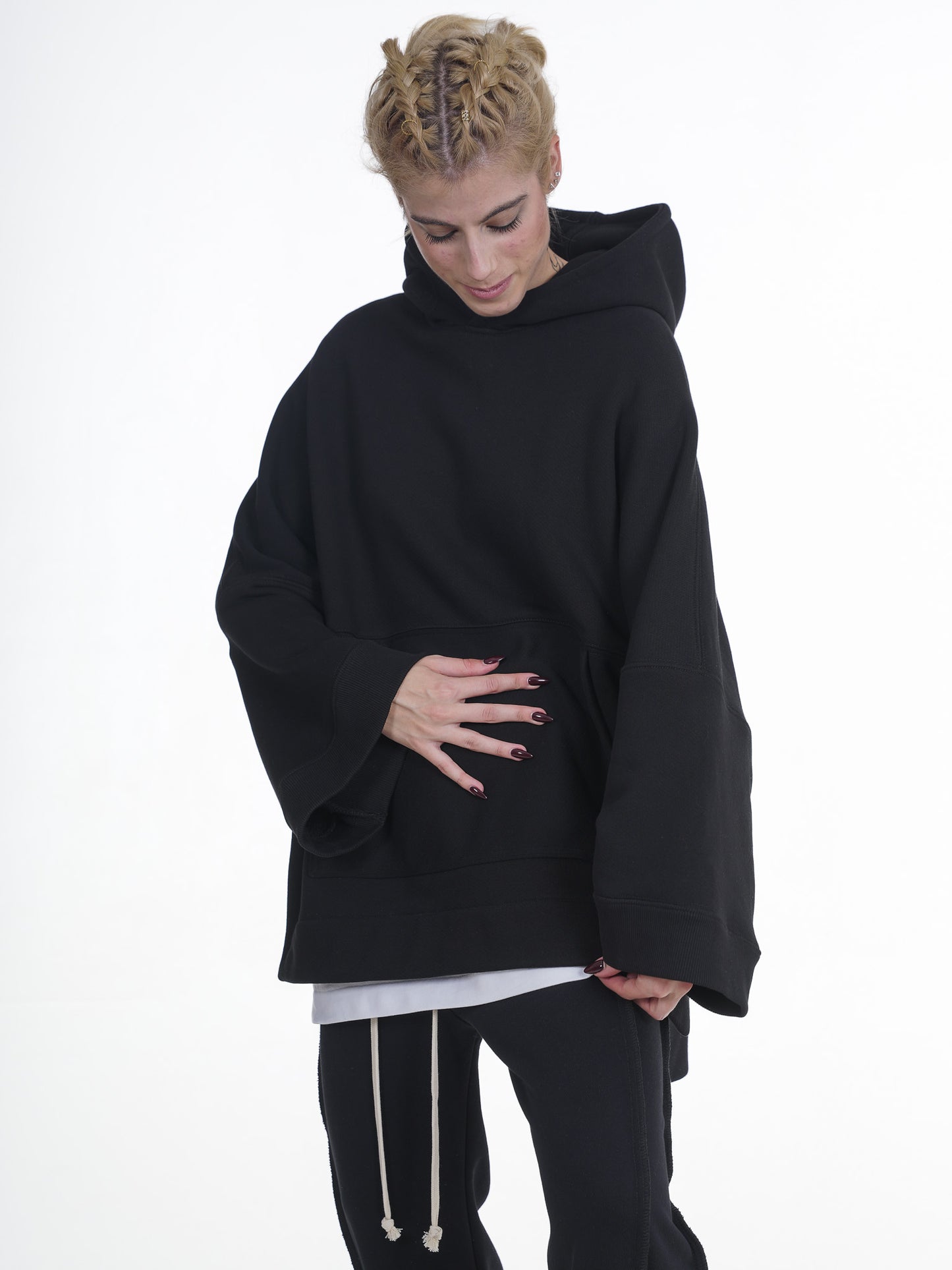 FERE STUDIOS PONCHO HOODIE PURE COTTON IN BLACK