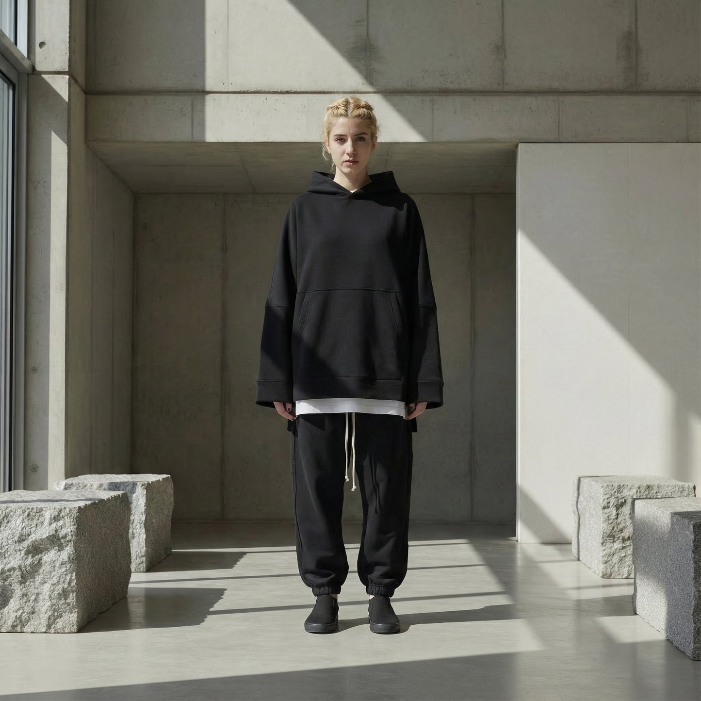 FERE STUDIOS PONCHO HOODIE PURE COTTON IN BLACK