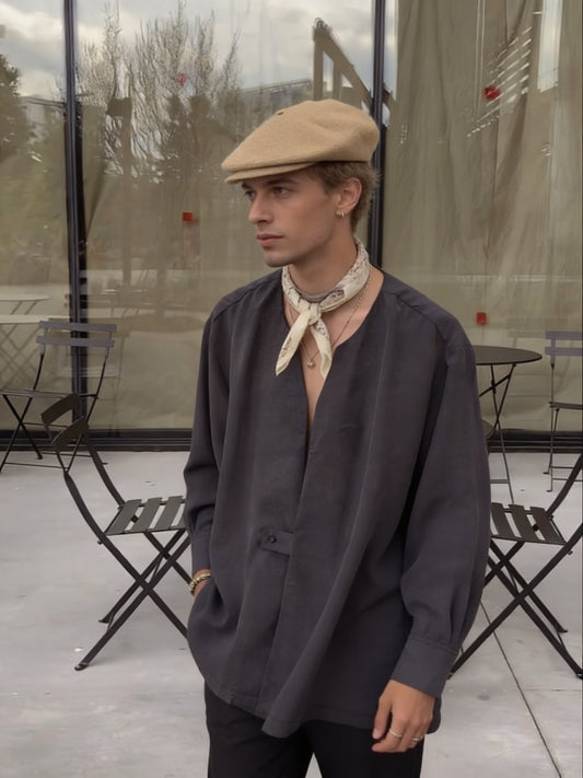 FERE STUDIOS FITTING COLLARLESS SHIRT IN GREY ANTHRACITE
