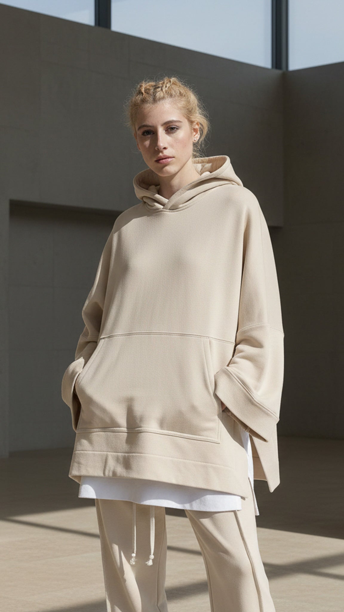 FERE STUDIOS PONCHO HOODIE PURE COTTON IN BEIGE