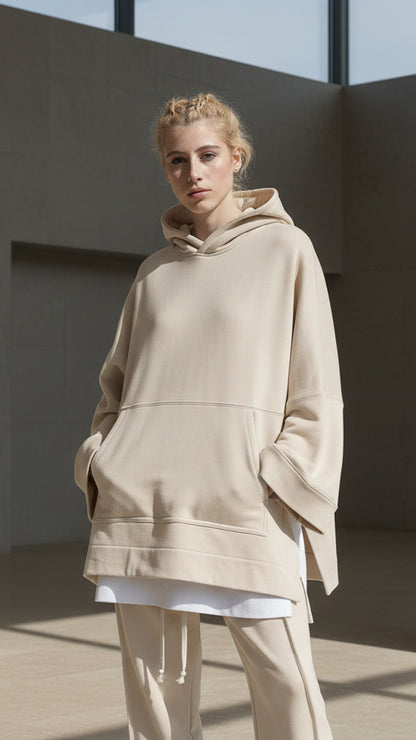 FERE STUDIOS PONCHO HOODIE PURE COTTON IN BEIGE